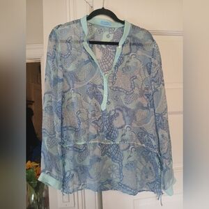 J. McLaughlin Womens Top Blouse Size 10 Blue White Sheer Silk Paisley RARE